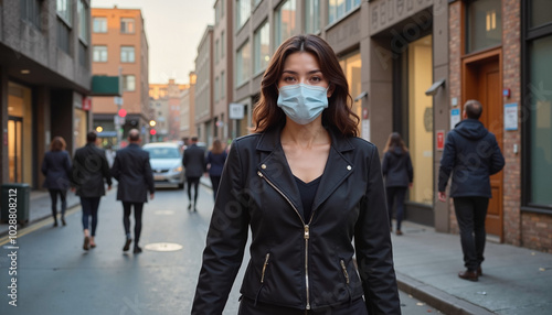 Young woman wearing a medical mask walking confidently down a busy street