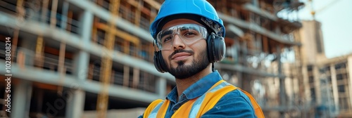 Construction worker wearing protective gear at a building site during daytime...