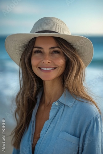 Cheerful young woman wearing a straw hat by the beach on a sunny day near cle...