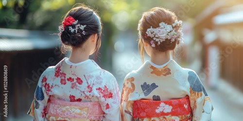 women wearing traditional japanese kimono walking in Kyoto city in Japan. ai generated