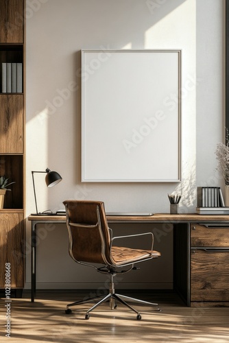 Modern workspace with a wooden desk, ergonomic chair, and natural light in a ...