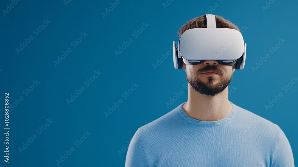Man Enjoying Virtual Reality Experience with Headset Man Enjoying Virtual Reality Experience with Headset