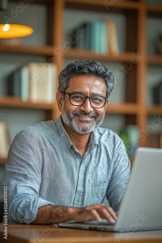 A smiling man works on his laptop in a cozy library setting during the day