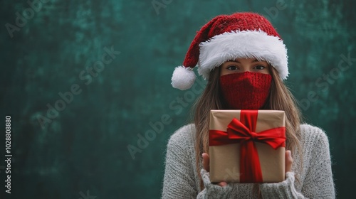 A young woman in a festive hat holds a wrapped gift close to her face for the...