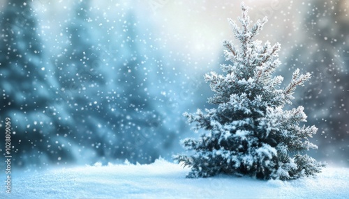 Snow covered evergreen tree stands alone in a tranquil winter landscape durin...
