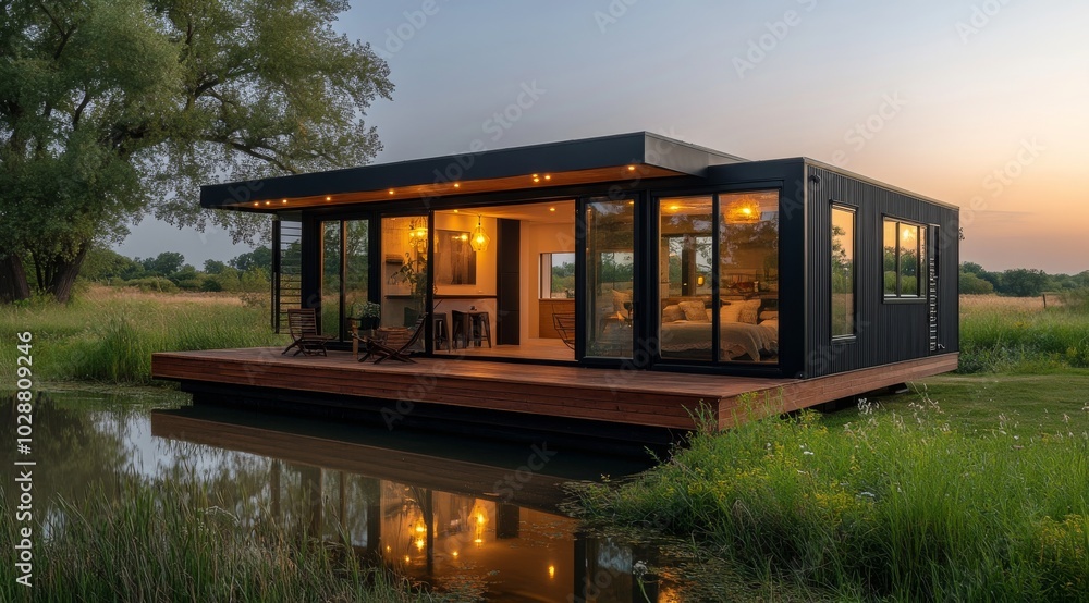 Modern black cabin on stilts surrounded by lush greenery at sunset near a peaceful water body Modern black cabin on stilts surrounded by lush greenery at sunset near a peaceful water body