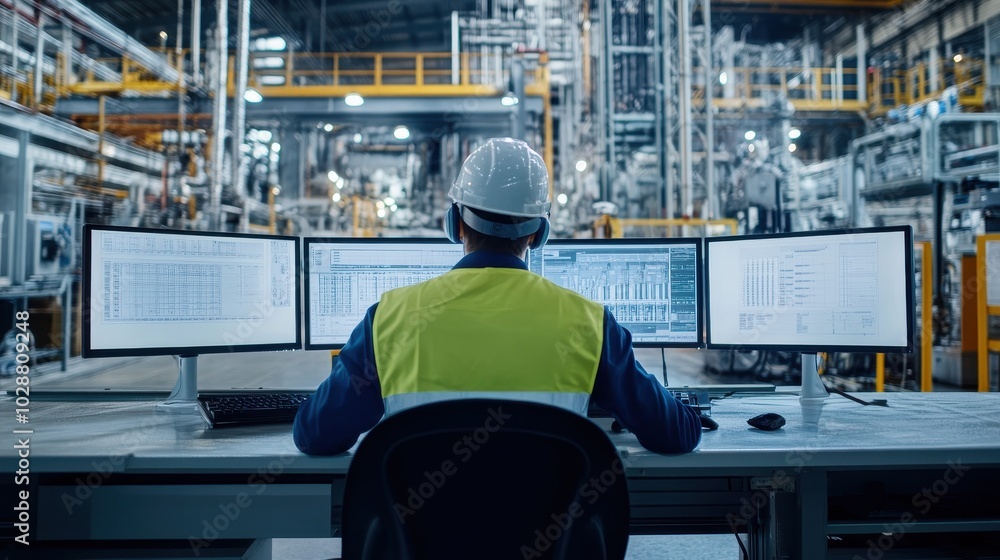 Fototapeta premium Industrial Engineer at Control Desk with Multiple Monitors