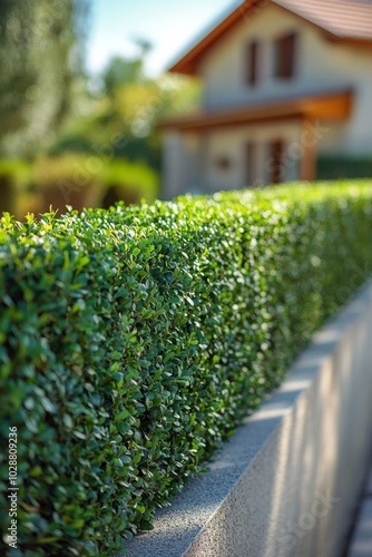 Neatly trimmed hedge bordering a driveway outside a modern house on a sunny day