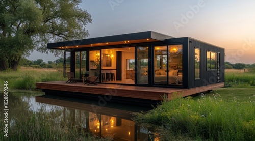 Modern black cabin on stilts surrounded by lush greenery at sunset near a pea...