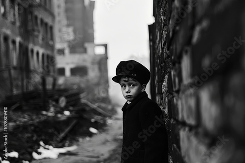 Portrait of a young boy during an armed conflict, symbolizing the entanglement of children in war, the loss of childhood and the cruelty of war. photo