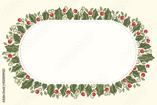 Nostalgic oval holly garland illustration in traditional Christmas colors. Festive evergreen border with vintage holiday foliage and berries, ideal for seasonal winter imagery.