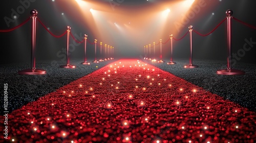 A exclusive entrance red carpet with spotlights shining background, a long hallway lined with velvet ropes. photo