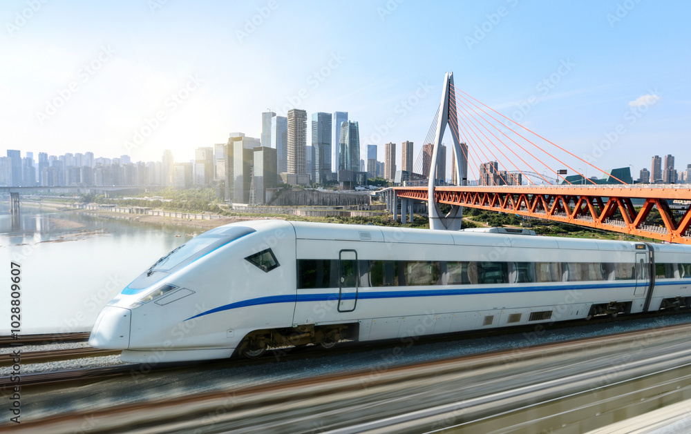 High-speed rail speeds on Bridges and the modern city skyline of chongqing, China