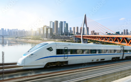 Obraz na płótnie High-speed rail speeds on Bridges and the modern city skyline of chongqing, China w salonie