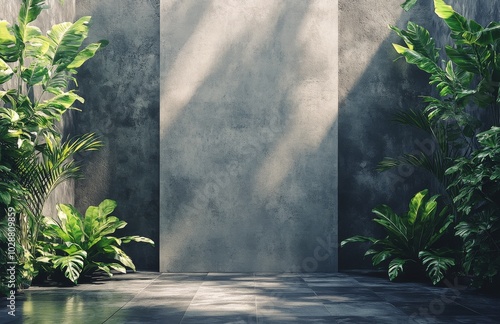 A tranquil indoor garden with lush greenery and a modern concrete backdrop in bright daylight photo