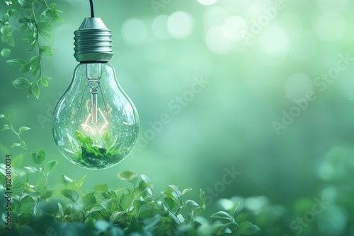 Green Energy Lightbulb with Plants Inside on Green Nature Background