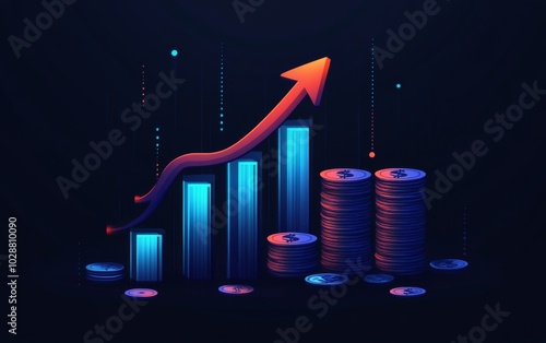 Growing finances shown by rising coins and an upward graph in a digital space