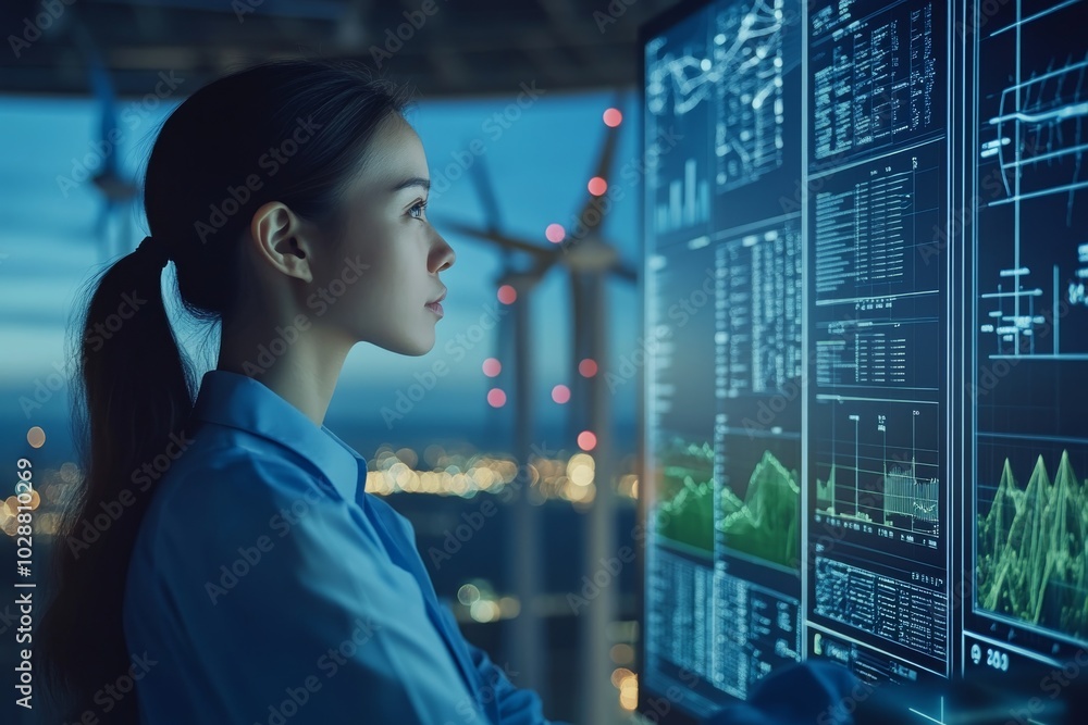 Woman Analyzing Data on Computer Screen with Wind Turbines in Background Woman Analyzing Data on Computer Screen with Wind Turbines in Background