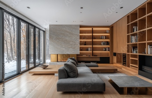 Modern living room with minimalist design and natural light featuring wooden ...