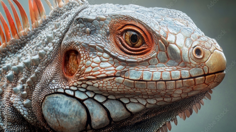 Fototapeta premium Close-up Portrait of an Iguana with Detailed Scales and a Golden Eye