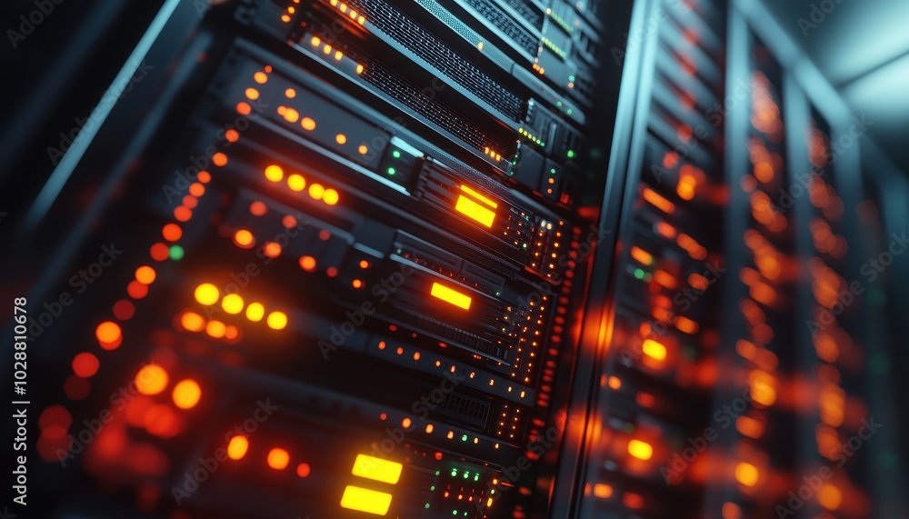 Row of illuminated network servers showing active LED lights at a data center Row of illuminated network servers showing active LED lights at a data center