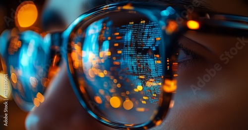 Close up of a person wearing glasses reflecting digital data in a tech inspir...