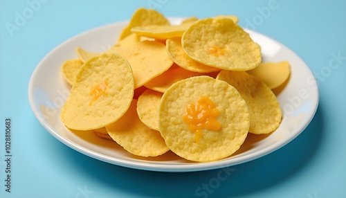 omelet chip set with melted cheddar cheese on them, without a plate, on blue background