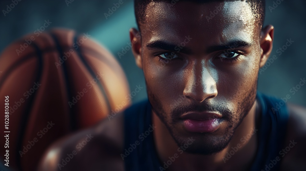 Intense,close-up portrait of a focused,determined African male basketball player wearing athletic gear and uniform,showcasing his muscular. Intense,close-up portrait of a focused,determined African male basketball player wearing athletic gear and uniform,showcasing his muscular.