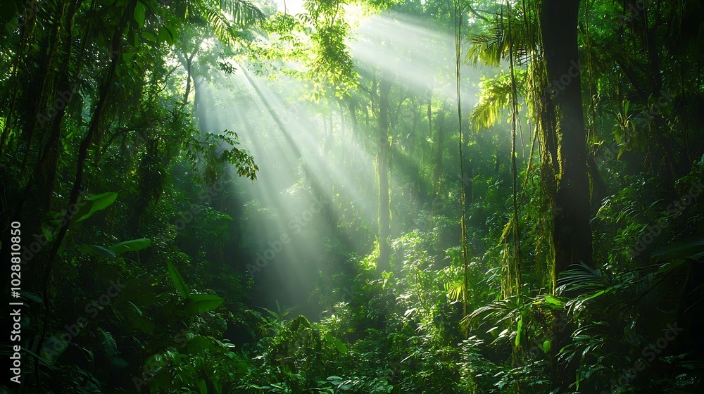 Exploring the enchanting beauty of a vibrant rainforest immersed in sunlit serenity background Exploring the enchanting beauty of a vibrant rainforest immersed in sunlit serenity background