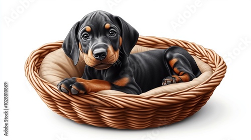 Cute Doberman Puppy Resting in a Basket - Adorable Pet Portrait photo