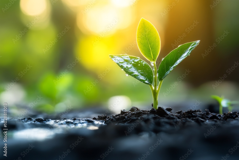 Young Plant Sprout with Water Droplets in Soil at Sunset Young Plant Sprout with Water Droplets in Soil at Sunset
