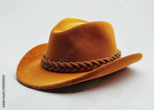 A stylish orange felt hat with braided leather band lying on a white background