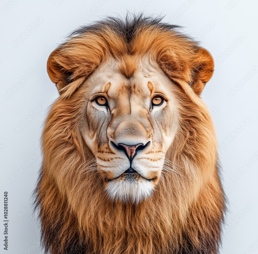 Fototapeta premium Majestic lion gazing directly at the camera against a plain background during daylight
