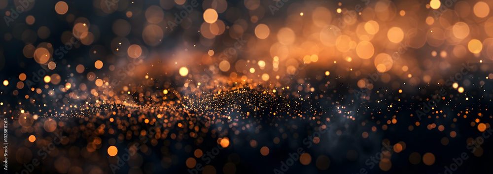 Fototapeta premium A dark background with white bokeh lights, dust particles in the air, and a subtle gradient of golden hues. 