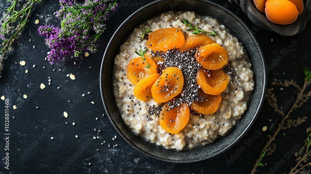 A gourmet bowl of oatmeal topped with dried apricots and chia seeds, placed on a dark charcoal background with artistic floral flourishes A gourmet bowl of oatmeal topped with dried apricots and chia seeds, placed on a dark charcoal background with artistic floral flourishes