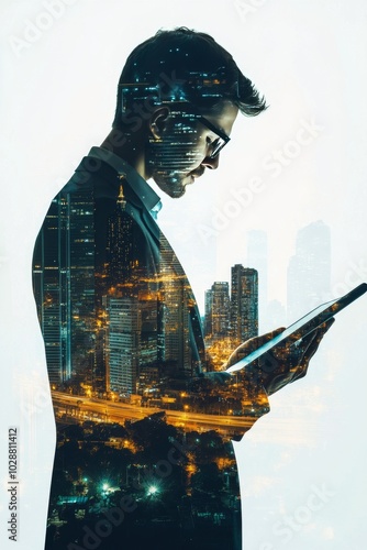 Business professional reviewing data with a cityscape overlay in a modern off...