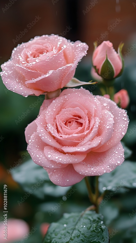Rose blossoms in the rain: drops on delicate petals A close-up of freshly rain-drenched roses, with the water droplets sparkling on the shiny petals. Rose blossoms in the rain: drops on delicate petals A close-up of freshly rain-drenched roses, with the water droplets sparkling on the shiny petals.