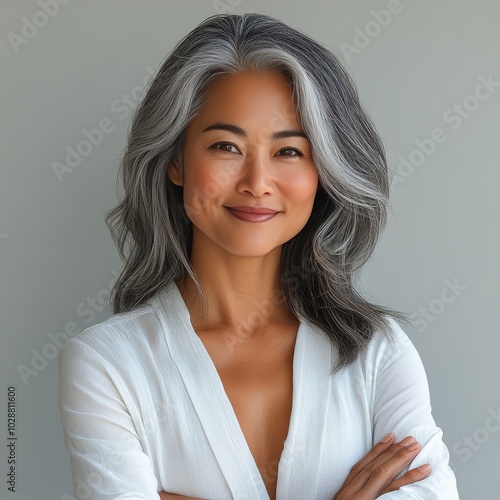 Elegant woman with silver hair poses confidently in modern studio setting dur...