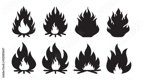  Burning bonfires silhouettes set isolated flat vector illustration on white background