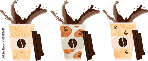 set of autumn takeaway coffee cup templates with orange and white pumpkins and coffee splashes, for different drink designs