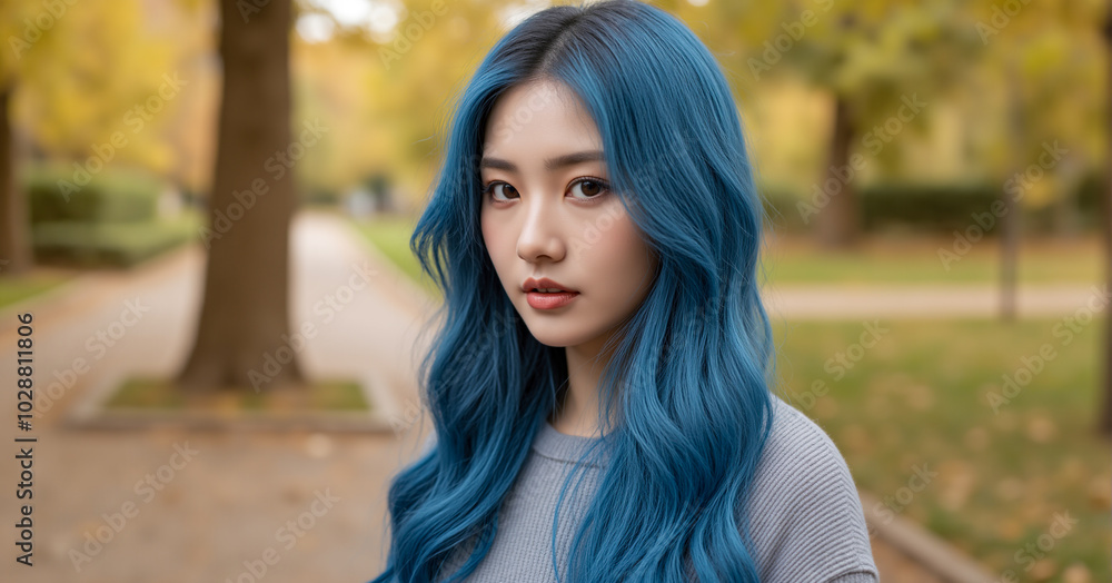 A young woman with long, vibrant blue hair, wearing a gray sweater, stands in a park during autumn. The background is filled with blurred yellow leaves and trees A young woman with long, vibrant blue hair, wearing a gray sweater, stands in a park during autumn. The background is filled with blurred yellow leaves and trees