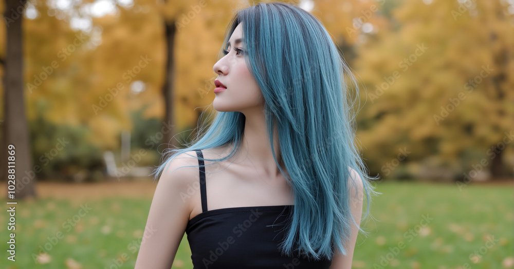 A young woman with long blue hair wearing a black sleeveless top gazes to the side in a park filled with autumn colors. The background is blurred, showcasing yellow trees and greenery A young woman with long blue hair wearing a black sleeveless top gazes to the side in a park filled with autumn colors. The background is blurred, showcasing yellow trees and greenery