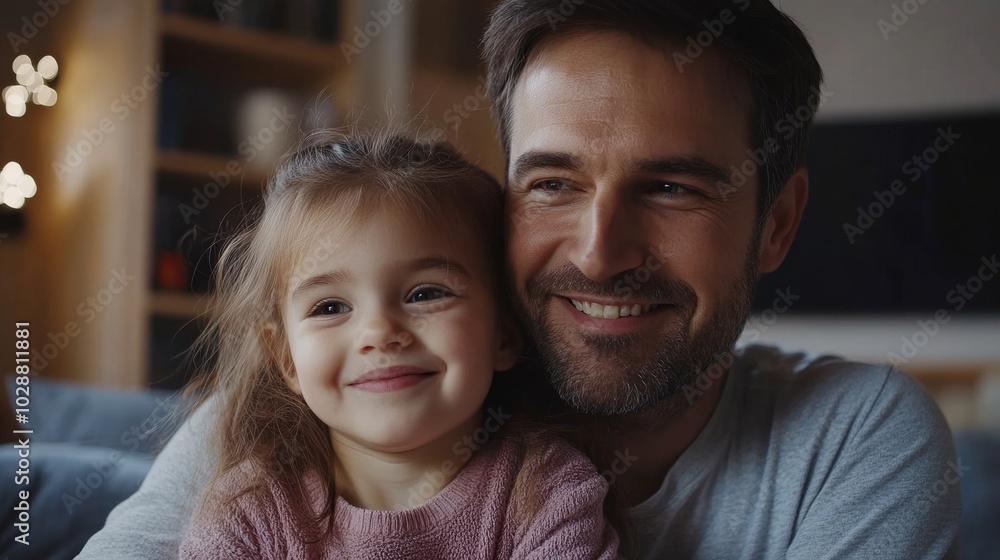 Dad and daughter watch an interesting video on a kids channel online. Happy father in his 30s spending leisure time with his daughter at home, Generative AI Dad and daughter watch an interesting video on a kids channel online. Happy father in his 30s spending leisure time with his daughter at home, Generative AI