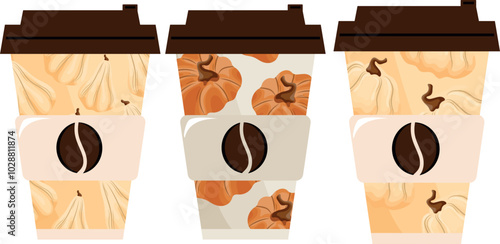 set of autumn templates for takeaway coffee cups with white and orange pumpkins and brown lids, for different drink designs