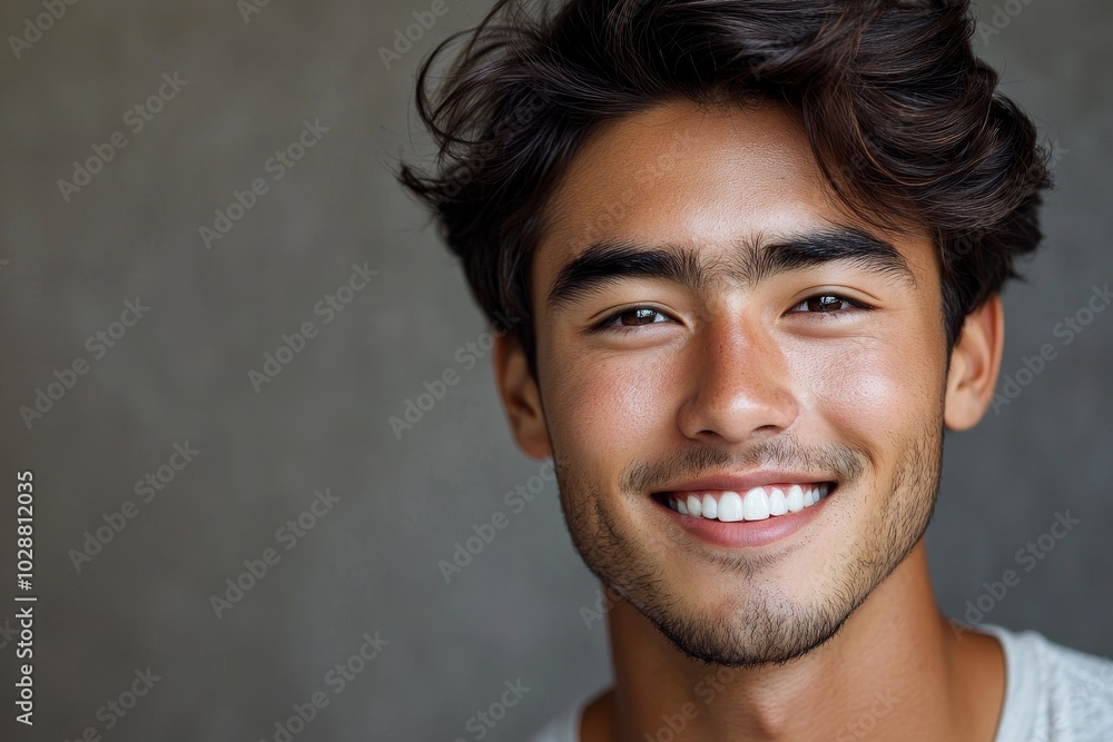 Fototapeta premium Portrait of a young man smiling at the camera, showing his radiant and youthful skin, Generative AI