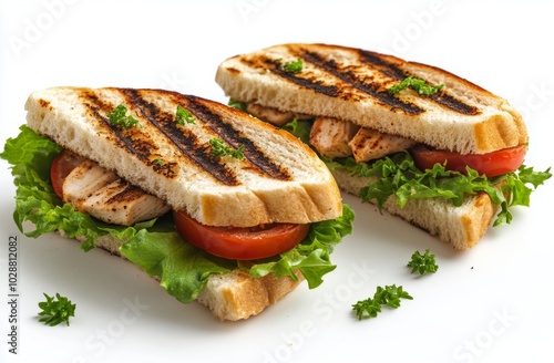 Grilled chicken sandwich with lettuce and tomato served on toasted bread duri...