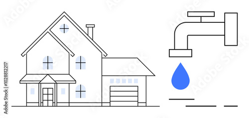 Image of a house with large windows and a garage beside a faucet with a blue water drop. Ideal for water conservation home energy efficiency environmental awareness plumbing services eco-friendly