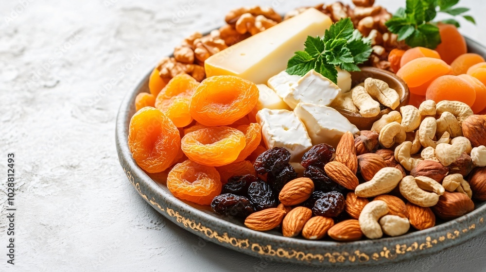 A plate of dried apricots served with a selection of cheeses and nuts, isolated on a light gray background with subtle gold decorative elements A plate of dried apricots served with a selection of cheeses and nuts, isolated on a light gray background with subtle gold decorative elements