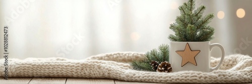A cozy winter setting with a decorated mug and small evergreen plants on a so...