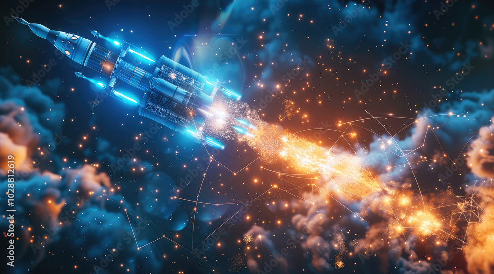 Digital illustration of a rocket launching with glowing blue lines and abstract connections. Digital illustration of a rocket launching with glowing blue lines and abstract connections.